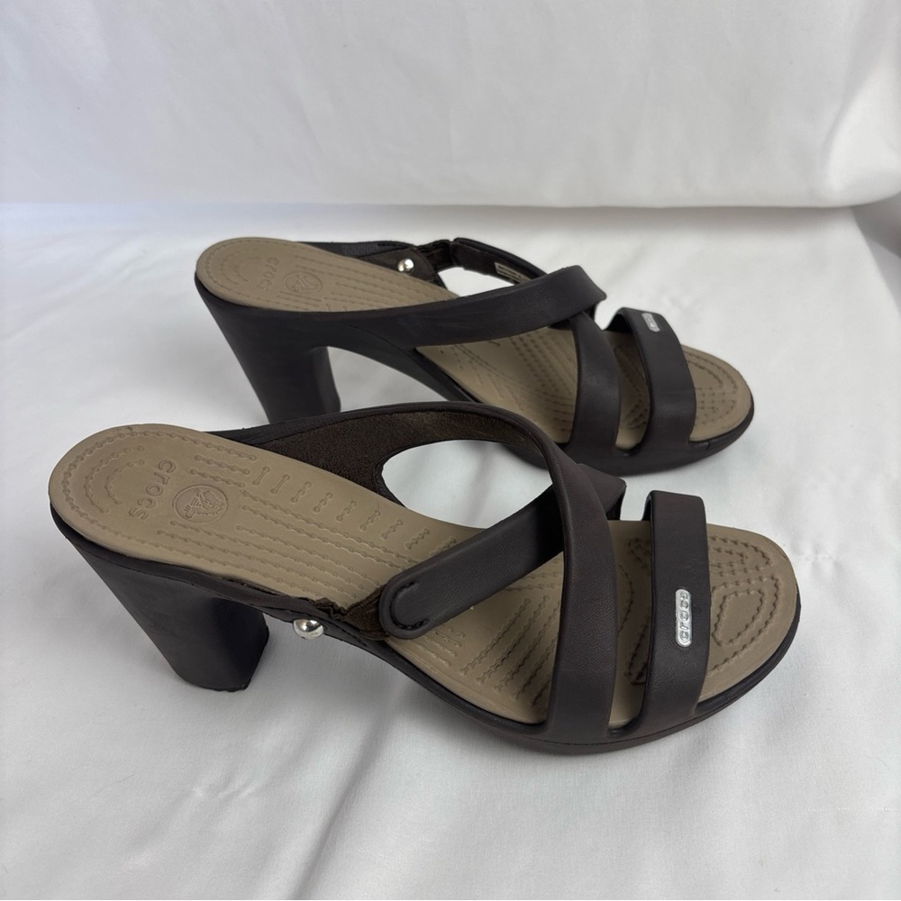Crocs Sandals Heels Womens 8 Cyprus IV Brown Chunky Slide Slip-On Shoes Comfort - Picture 5 of 11
